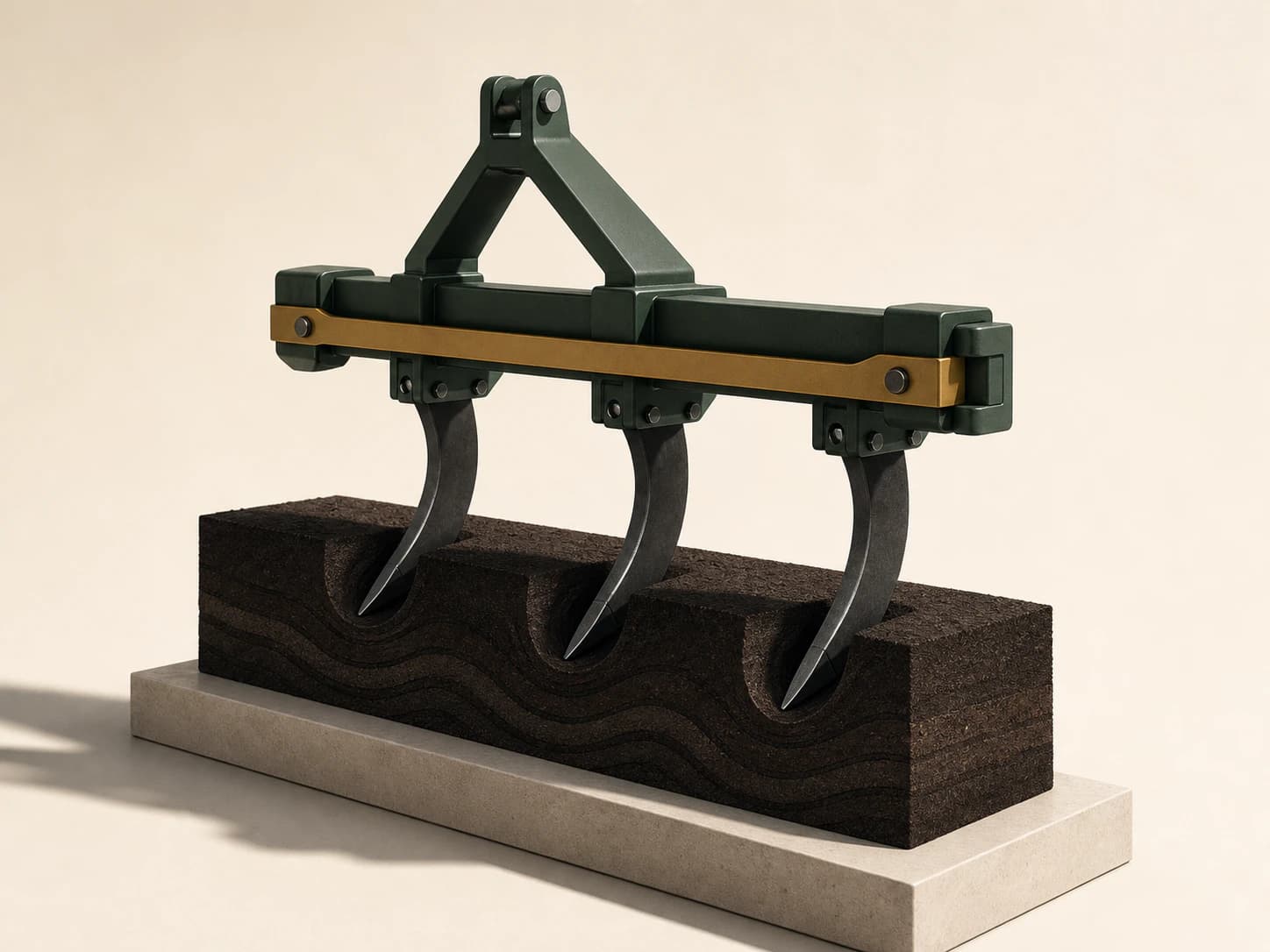 Sculptural cultivator frame pressing three aligned tines into layered soil