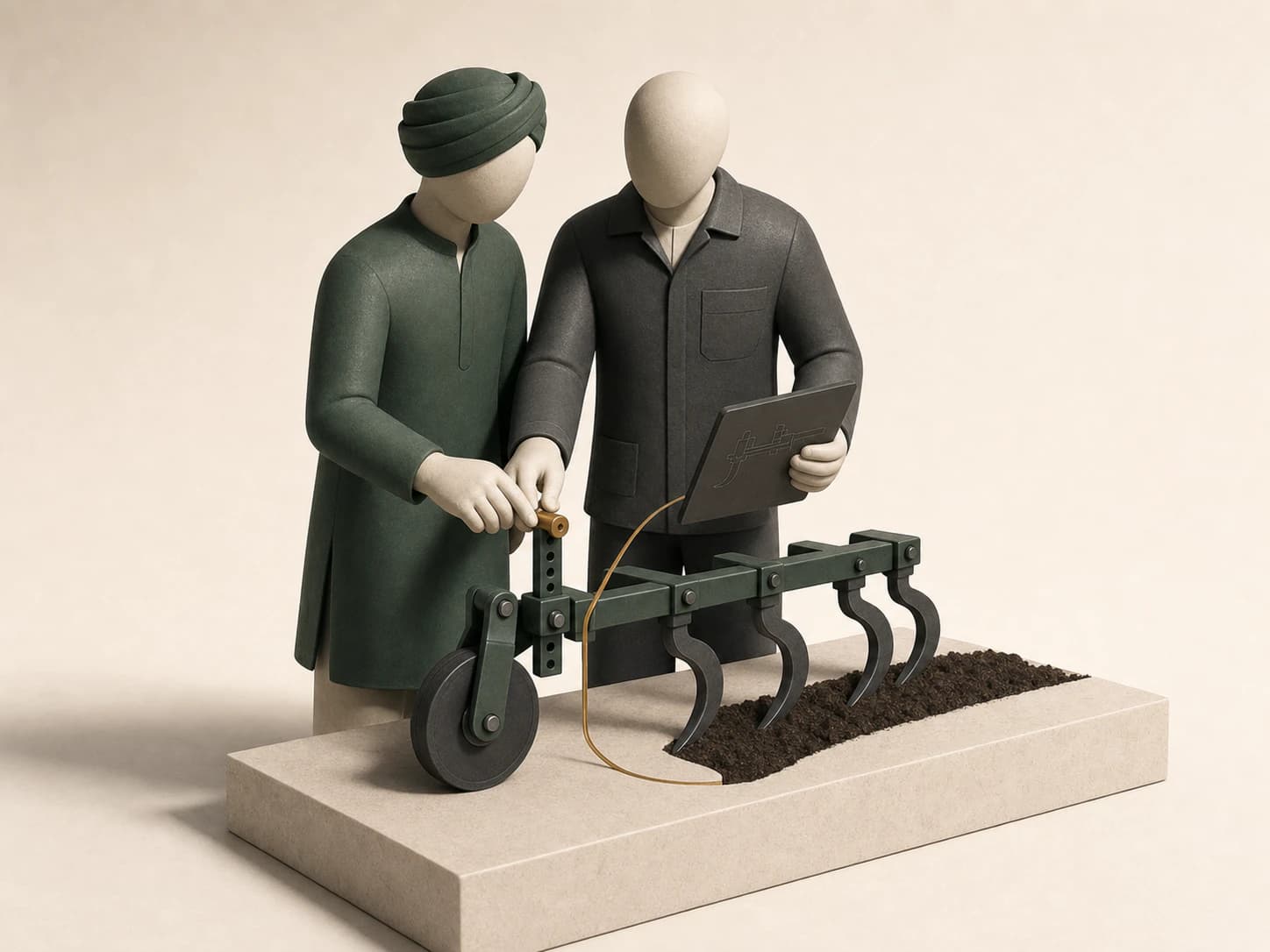 Farmer and field-service engineer adjusting a cultivator depth wheel together