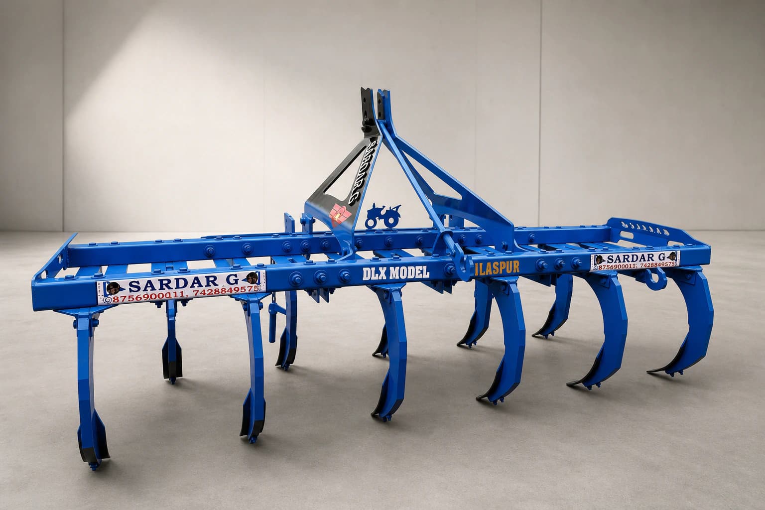 Source-accurate glossy blue DLX cultivator with both tine rows trailing in one direction