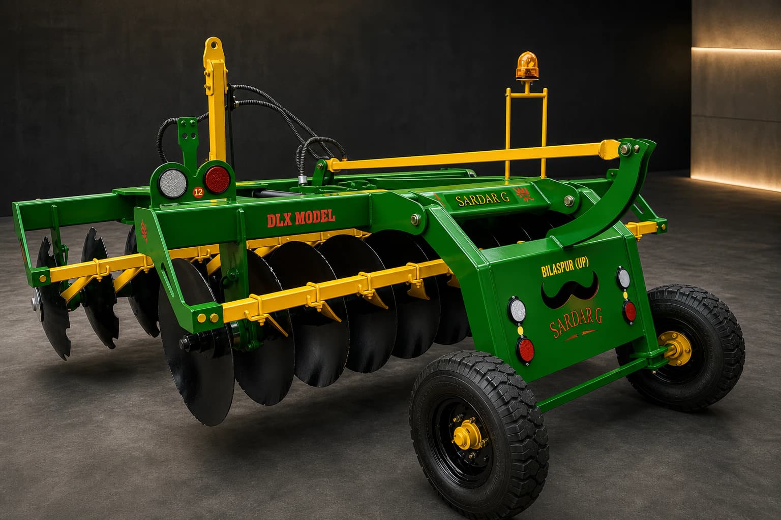Premium green and yellow hydraulic disc harrow in a dark engineering studio