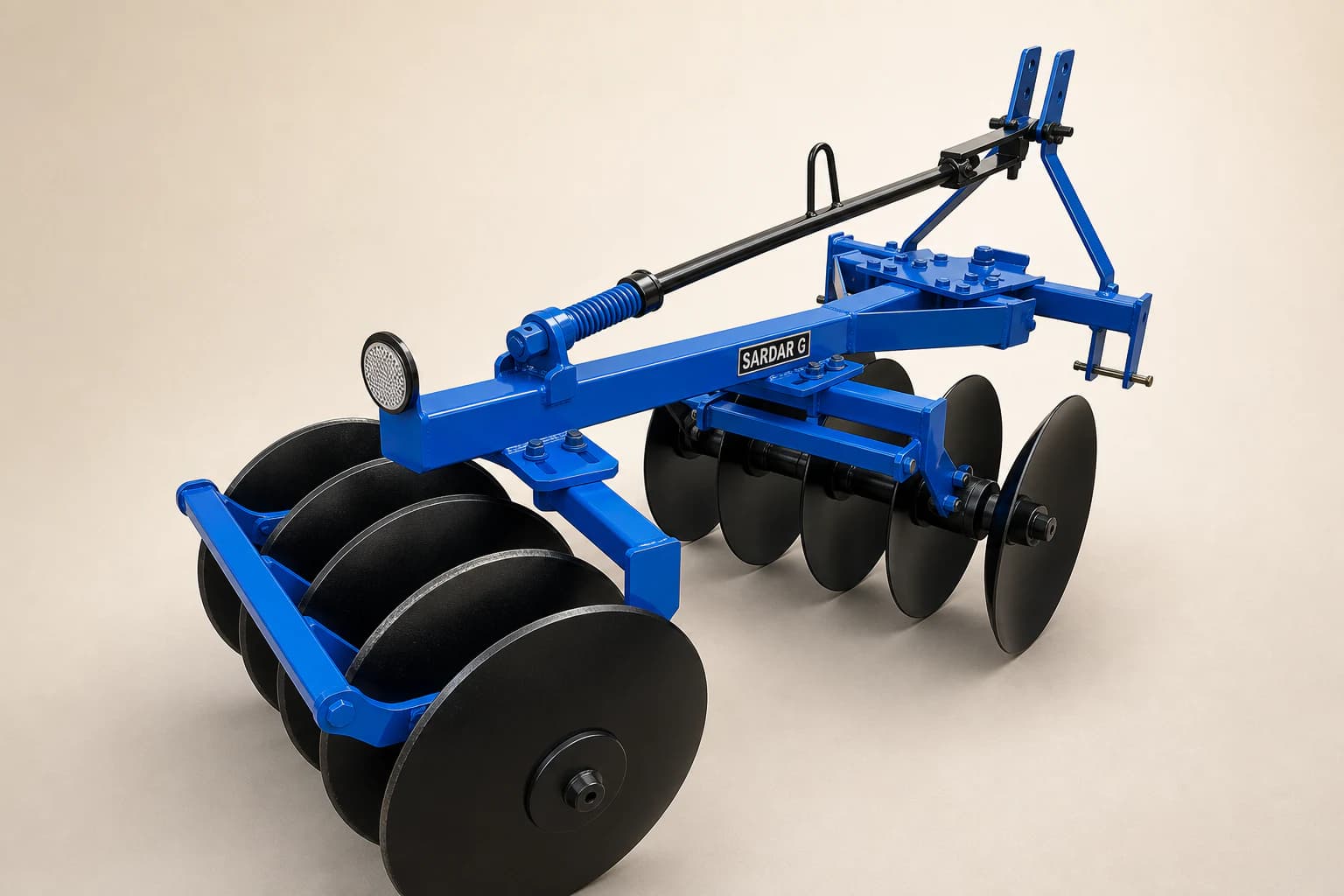 Blue trailed disc harrow shown from a front three-quarter angle